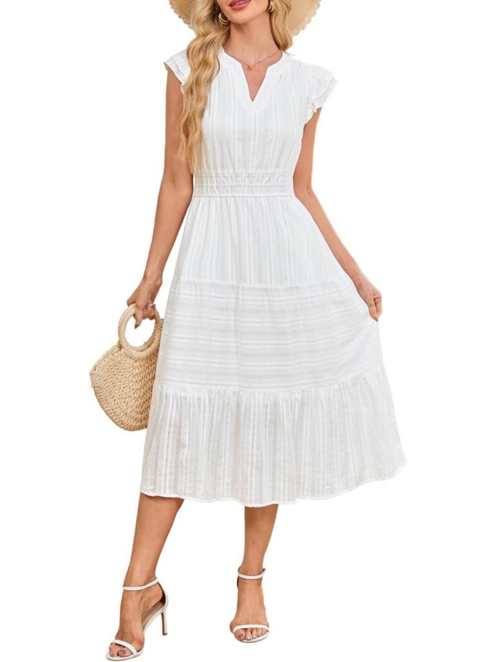 Ruffle Sleeve V-Neck Midi Dress - Elastic Smocked Waist, Tiered A-Line, Summer